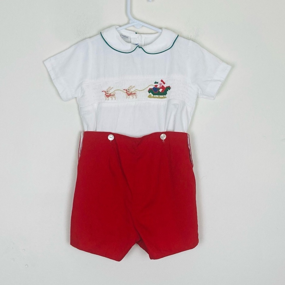 Silly Goose hand smocked Santa sleigh Peter Pan collar, Jon Jon w/ red shorts. 3